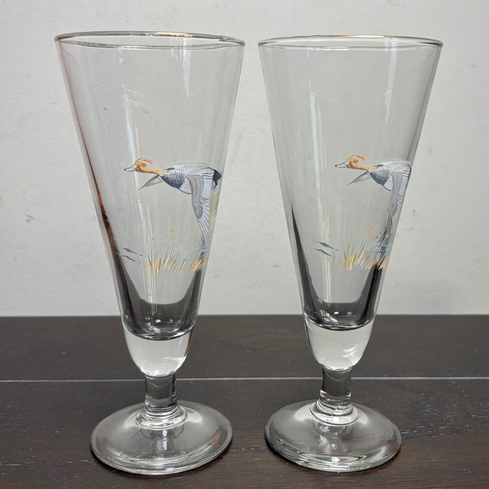 Ned Smith Vintage Flying Duck Pilsner Glasses | Set of 2 | Gold Rim Signed MCM